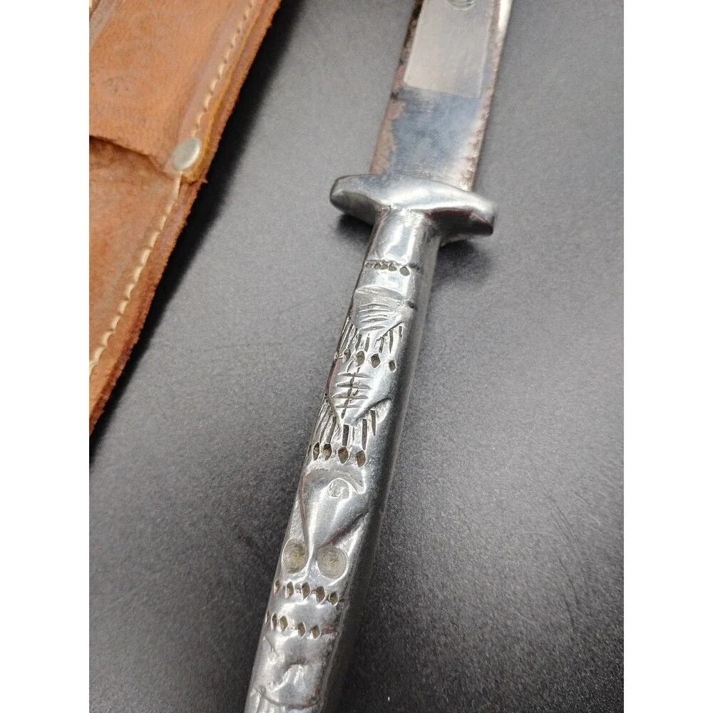 Vintage 9” Mexican Souvenir Dagger Aluminum Tribal Handle Engraved Blade Sheath